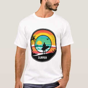 Camiseta Ilustração de Círculo Retro Praia Pôr do Sol de Su