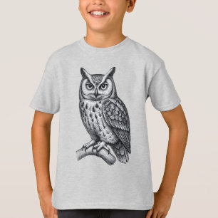 Camiseta Ilustração de Coruja Gravada em Preto e Branco Vin