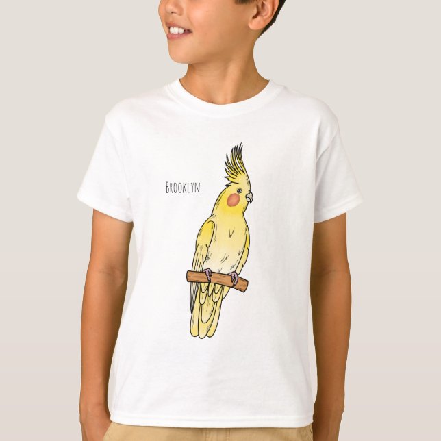 Camiseta Ilustração de desenho animado de aves Cockatiel (Frente)
