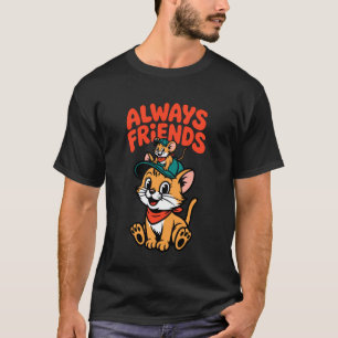 Camiseta Ilustração de Desenho Animado de Gato e Rato Amigo
