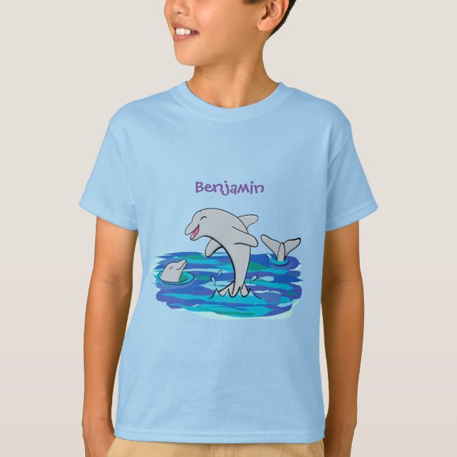Camiseta Ilustração de desenho animado de golfinhos alegres (Frente)