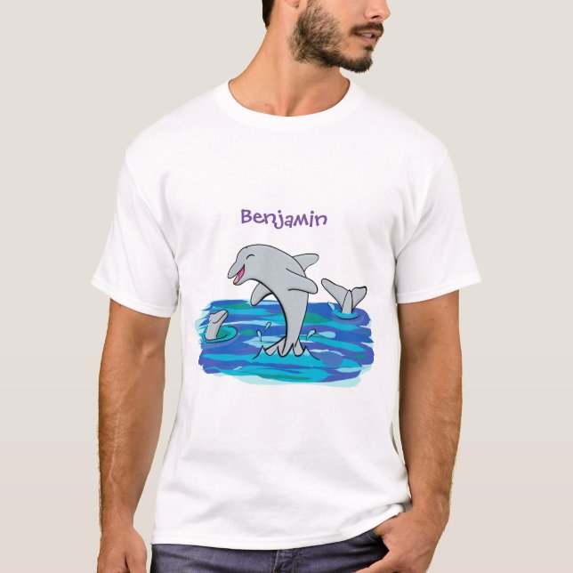 Camiseta Ilustração de desenho animado de golfinhos alegres (Frente)