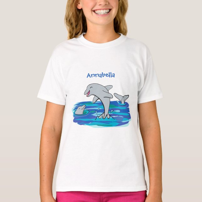 Camiseta Ilustração de desenho animado de golfinhos alegres (Frente)