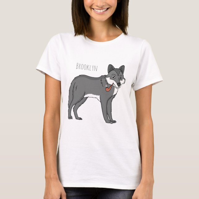 Camiseta Ilustração de desenho animado de lobo cinzento com (Frente)