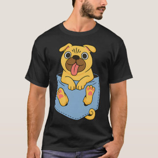Camiseta Ilustração de desenho animado de Pug fofo no bolso