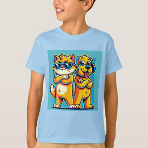 Camiseta Ilustração de desenho animado de um gato e um cão 