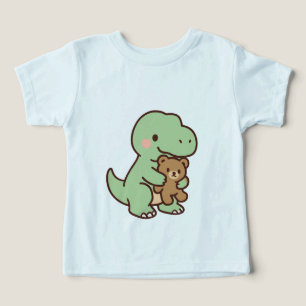 Camiseta Ilustração de Dinossauro Fofo Abraçando Urso de Pe