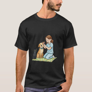 Camiseta Ilustração de Enfermeira Veterinária Fofa com Cach