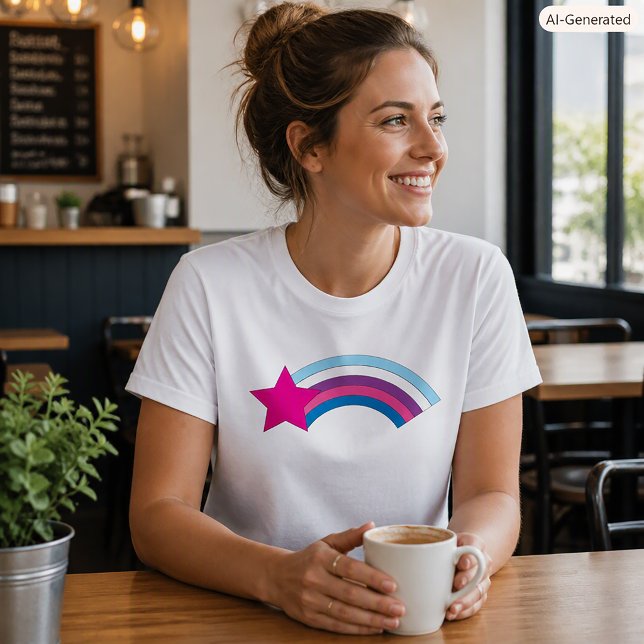 Camiseta Ilustração de Estrela Rosa Estrela Arco-Íris Fofo (A shirt with a pink star and a blue, pink and purple rainbow.)