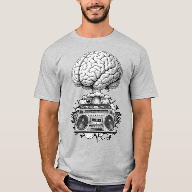 Camiseta Ilustração de Explosão Cerebral com Ghettoblaster (Frente)