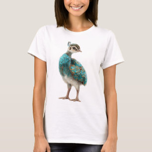 Camiseta Ilustração de Filhote de Pavão com Crista Azul Fem
