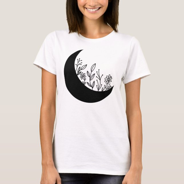 Camiseta Ilustração de Flores Silvestres Crescendo da Lua (Frente)