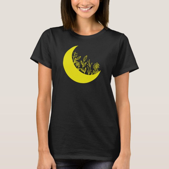 Camiseta Ilustração de Flores Silvestres Crescendo da Lua (Frente)