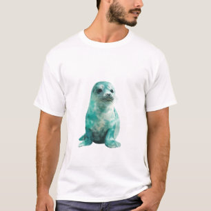 Camiseta Ilustração de Foca Ártica Bebê em Teal em Aquarela
