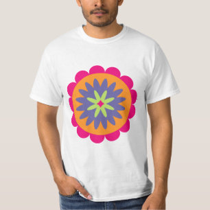 Camiseta ilustração de formas florais laranja e rosa