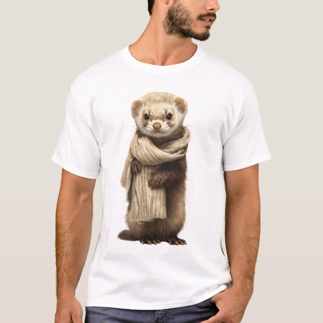 Camiseta Ilustração de Furão Adorável Usando Cachecol de Tr (Frente)