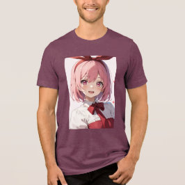 Camiseta Ilustração de Garota de Anime Fofo com Cabelo Rosa