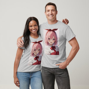 Camiseta Ilustração de Garota de Anime Fofo com Cabelo Rosa
