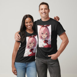 Camiseta Ilustração de Garota de Anime Fofo com Cabelo Rosa