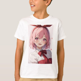 Camiseta Ilustração de Garota de Anime Fofo com Cabelo Rosa