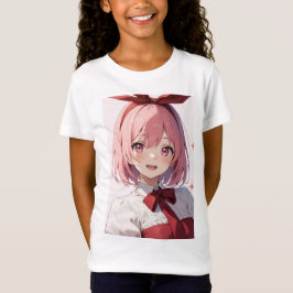 Camiseta Ilustração de Garota de Anime Fofo com Cabelo Rosa