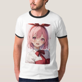 Camiseta Ilustração de Garota de Anime Fofo com Cabelo Rosa