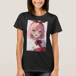 Camiseta Ilustração de Garota de Anime Fofo com Cabelo Rosa