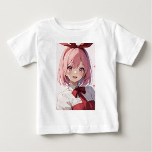 Camiseta Ilustração de Garota de Anime Fofo com Cabelo Rosa