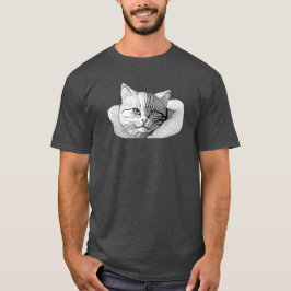 Camiseta Ilustração de Gato Adorável Arte Preta e Branca