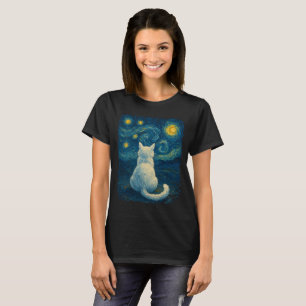 Camiseta Ilustração de Gato Branco sob uma Noite Estrelada