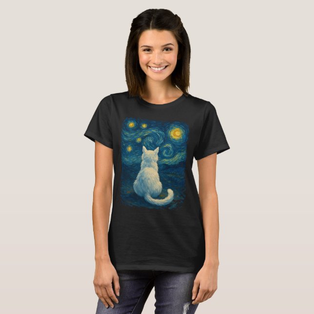 Camiseta Ilustração de Gato Branco sob uma Noite Estrelada (Frente Completa)