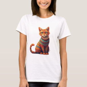 Camiseta Ilustração de Gato com Padrões Fofos em Estilo de