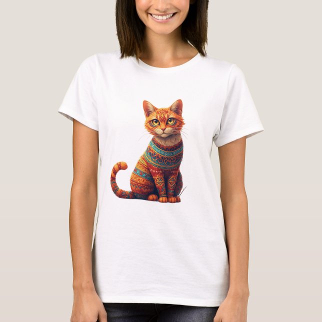 Camiseta Ilustração de Gato com Padrões Fofos em Estilo de  (Frente)