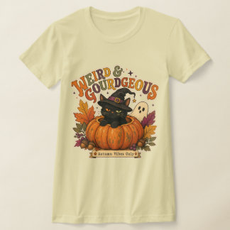 Camiseta Ilustração de Gato de Abóbora de Outono Estranho e