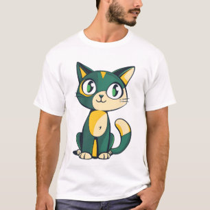 Camiseta Ilustração de Gato de Desenho Animado Verde e Amar