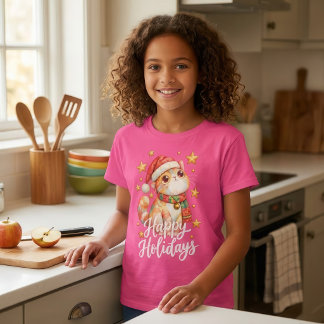 Camiseta Ilustração de Gato de Natal Fofo com Charme Festiv