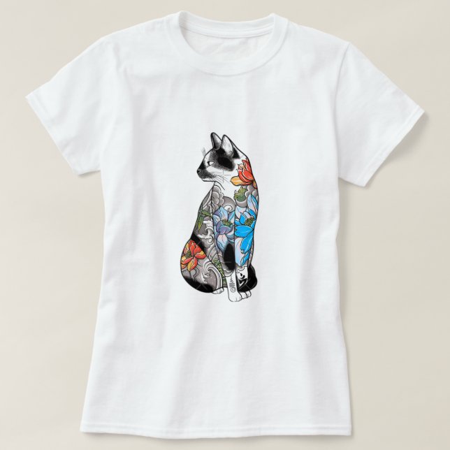 Camiseta Ilustração de Gato de Tatuagem Floral - Vibrante,  (Frente do Design)