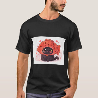 Camiseta Ilustração de Gato Fofo com Chapéu de Peixe