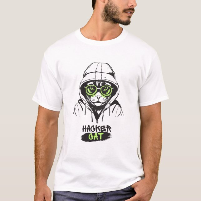 Camiseta Ilustração de Gato Hacker Fofo – Presente de Ciber (Frente)