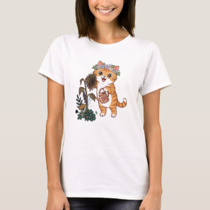 Camiseta Ilustração de Gato Jardineiro Fofo Regando Girassó