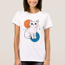 Camiseta Ilustração de Gato Tabby Branco Cinza Kawai Fofo