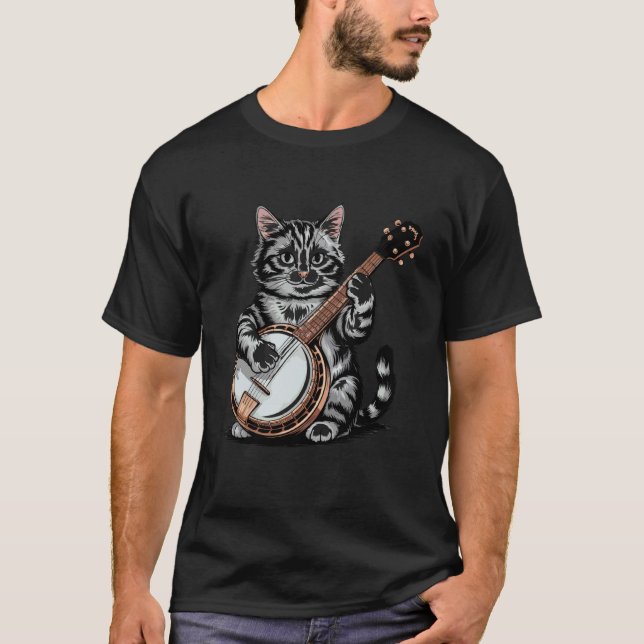 Camiseta Ilustração de Gato Tocando Banjo (Frente)