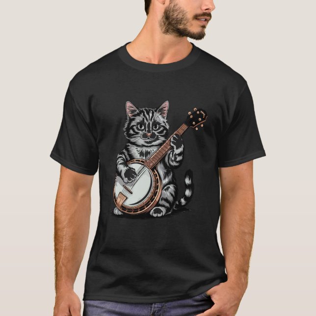 Camiseta Ilustração de Gato Tocando Banjo (Frente)