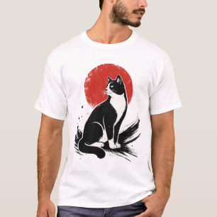 Camiseta Ilustração de Gato Tuxedo com Tinta Japonesa e Sol
