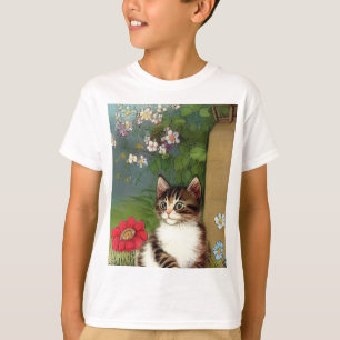 Camiseta Ilustração de Gato Vintage com Flores de Mola