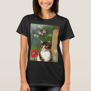Camiseta Ilustração de Gato Vintage com Flores de Mola