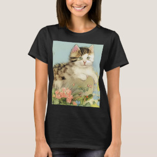 Camiseta Ilustração de Gato Vintage com Flores Rosa