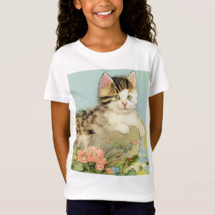 Camiseta Ilustração de Gato Vintage com Flores Rosa