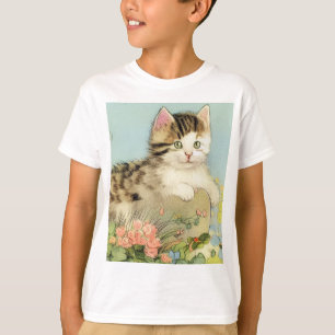 Camiseta Ilustração de Gato Vintage com Flores Rosa