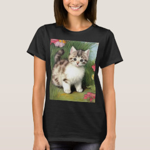 Camiseta Ilustração de Gato Vintage com Flores Vermelhas